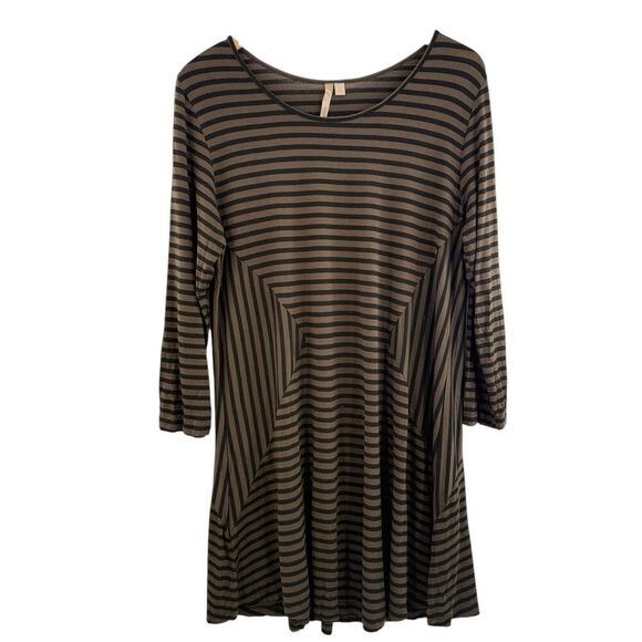 Comfy USA Jersey Knit Brown Striped Fit & Flare T-Shirt Dress Large Flowy - Picture 4 of 15